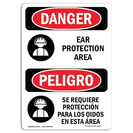 OSHA Danger Sign, Ear Protection Area Bilingual, 24in X 18in Aluminum